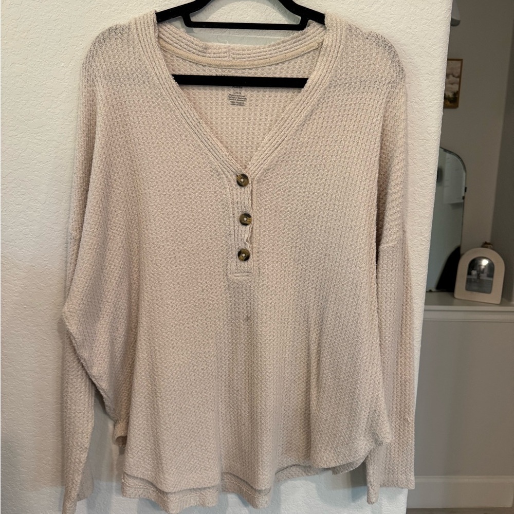 American Eagle Cozy Waffle Knit Henley Top in Light Beige